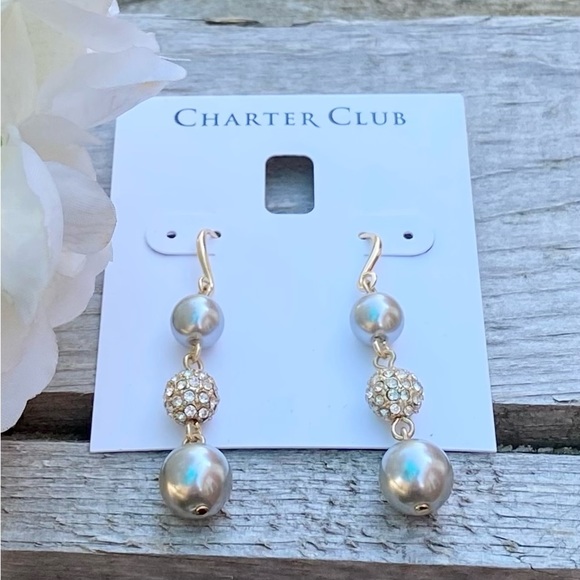 NWT CHARTER CLUB GOLD TONE CLEAR CRYSTAL GRAY BEAD POST DROP EARRINGS - Picture 2 of 5
